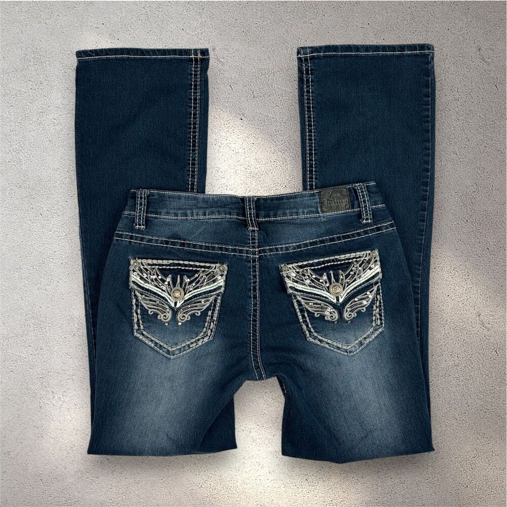 Love Indigo Angel Bootcut Jeans Women's 6 Blue Low Rise Embellished Pockets Y2K
